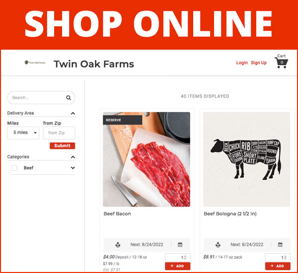 Homepage of Twin Oaks online store, Shop Online in large letters